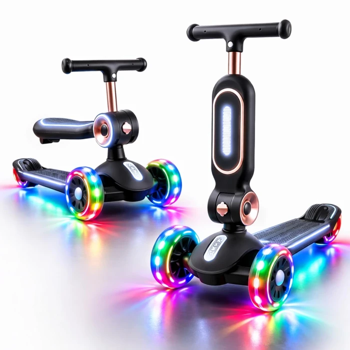 Hulajnoga trójkołowa 2w1 Lemoo RS120 z siedziskiem i świecącymi kołami LED na białym tle